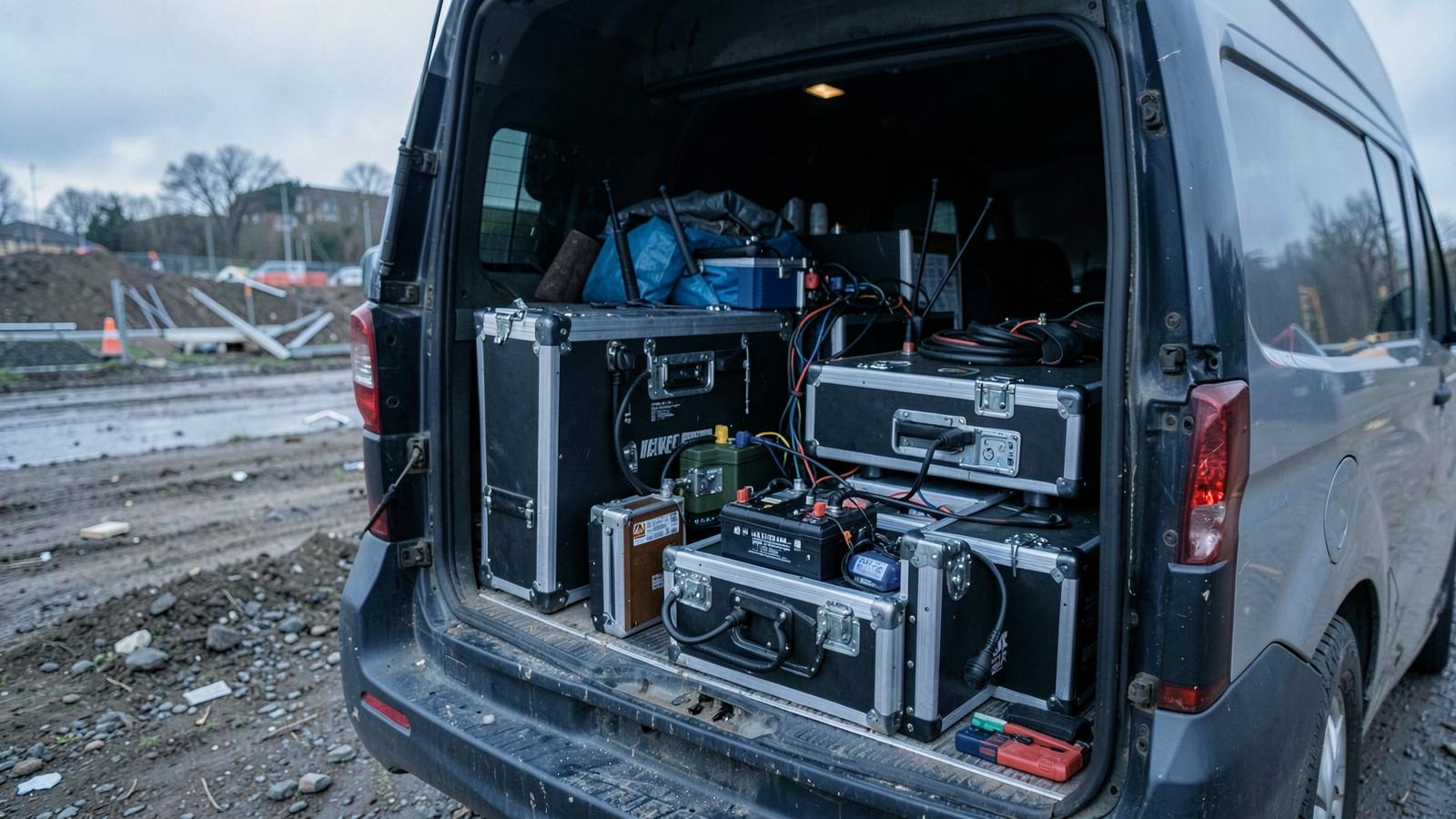 Monitoring equipment cases, batteries and antennas packed into a van at the edge of a site