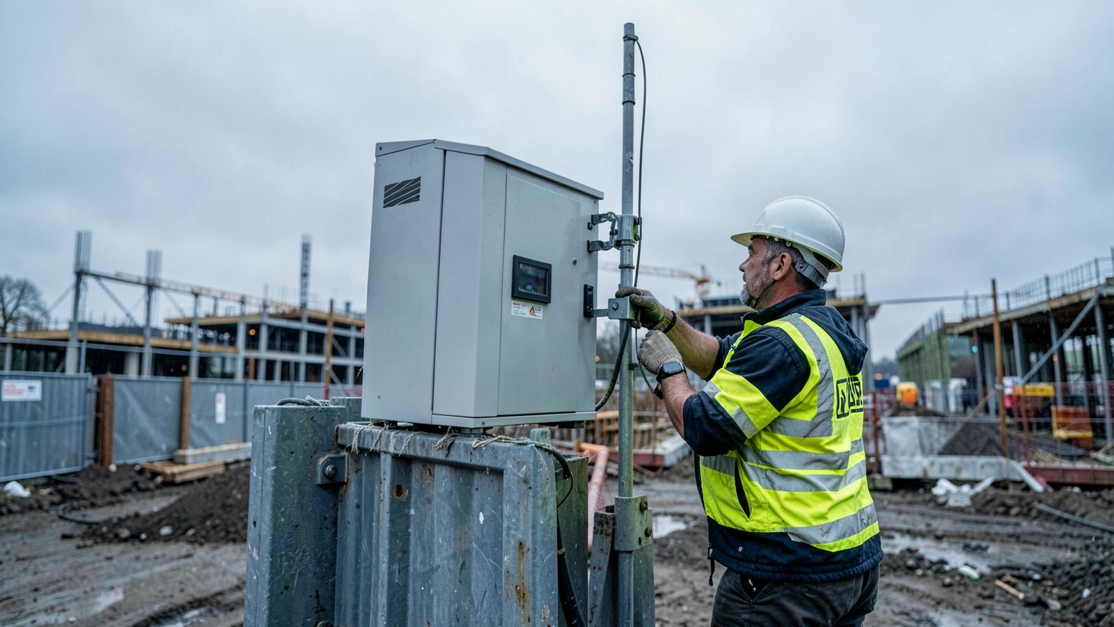 Engineer fitting an antenna bracket to a monitoring cabinet on a construction site hoarding