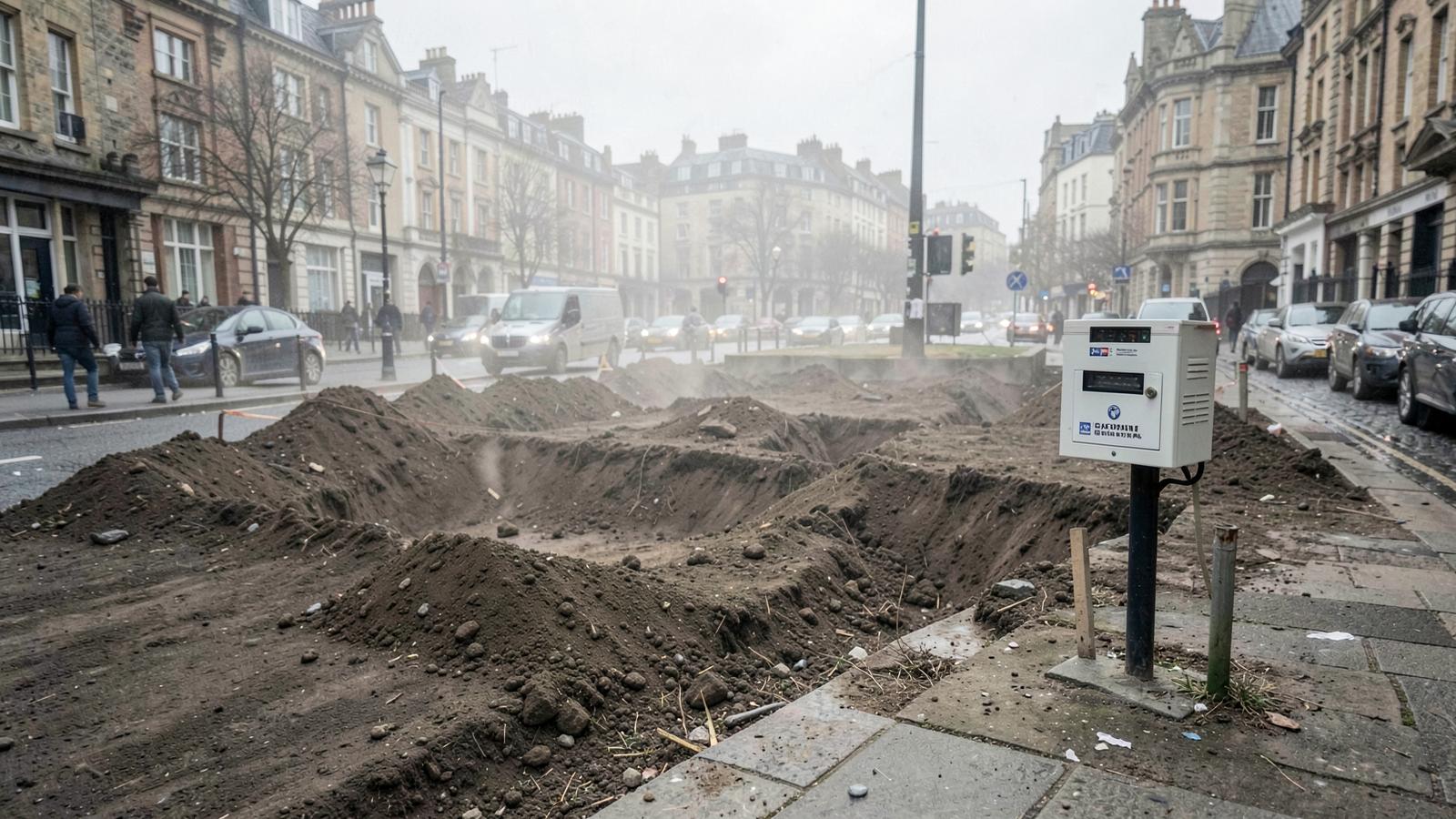 Air quality monitoring cabinet at the edge of urban excavation works beside a busy street