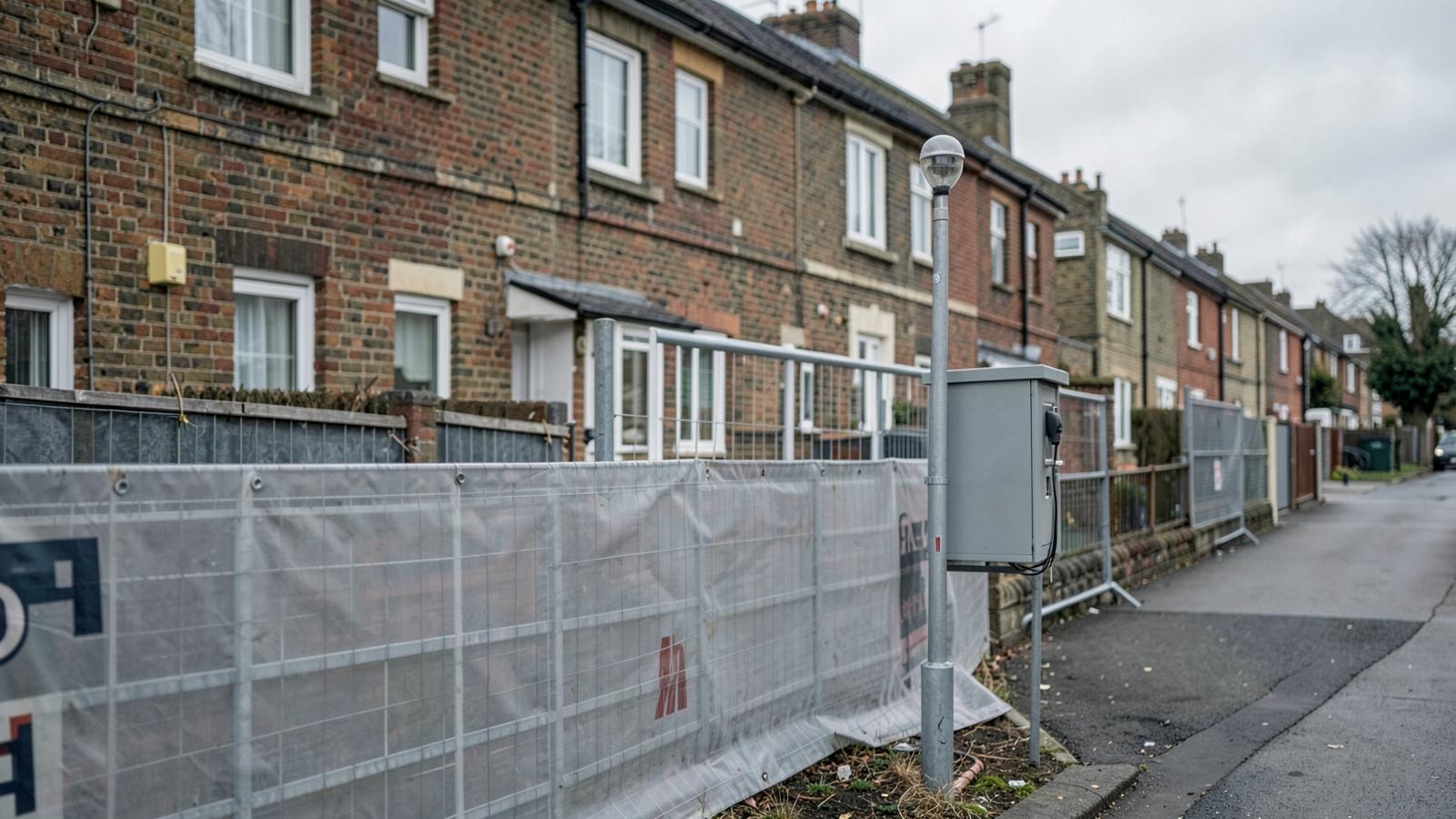 Monitoring enclosure on a pole at a construction hoarding beside a residential terrace