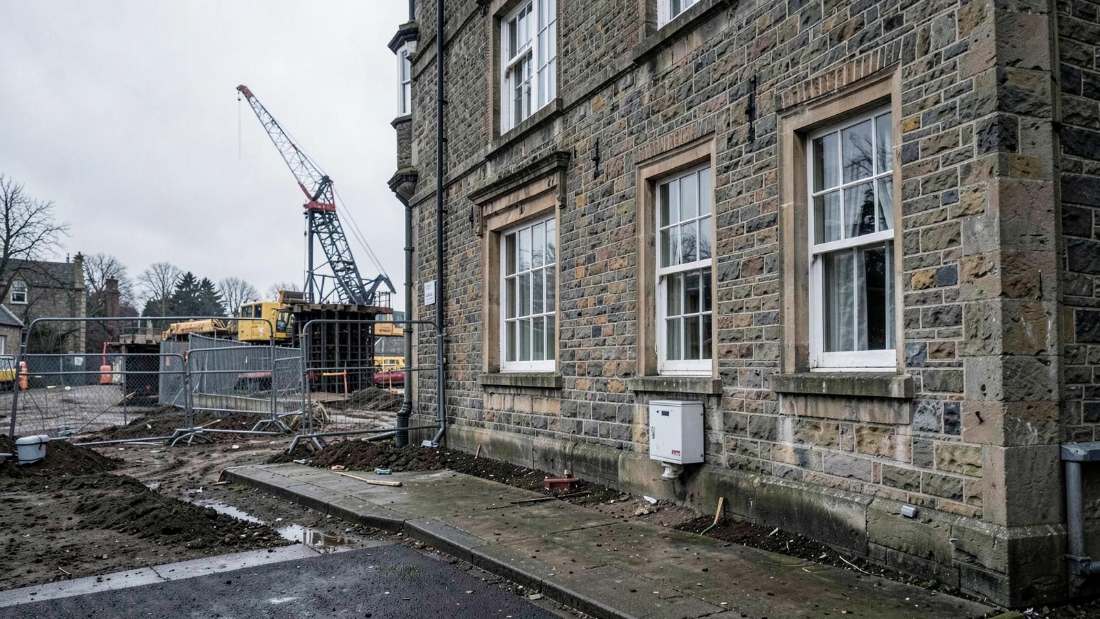 Vibration sensor fixed to the base of an older stone building beside active groundworks