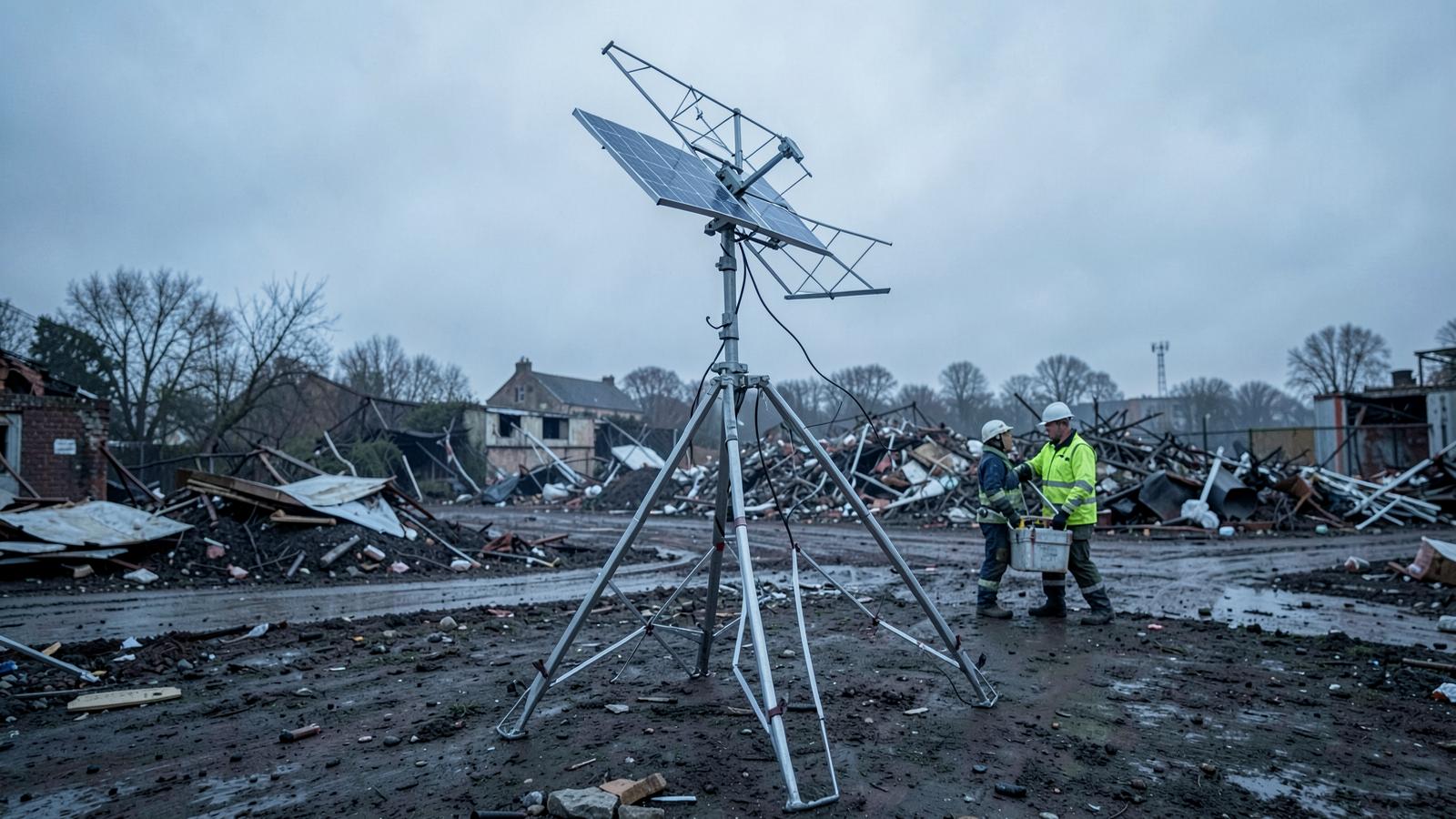 Monitoring mast with solar panel being repositioned across a demolition site