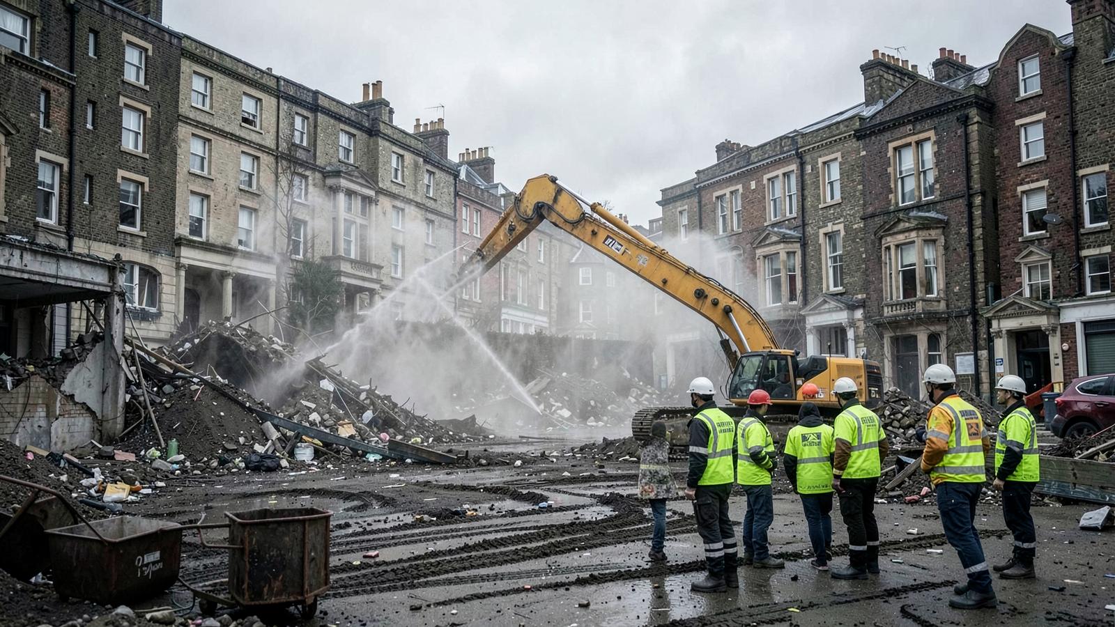 Urban demolition works alongside older residential buildings with dust suppression in use