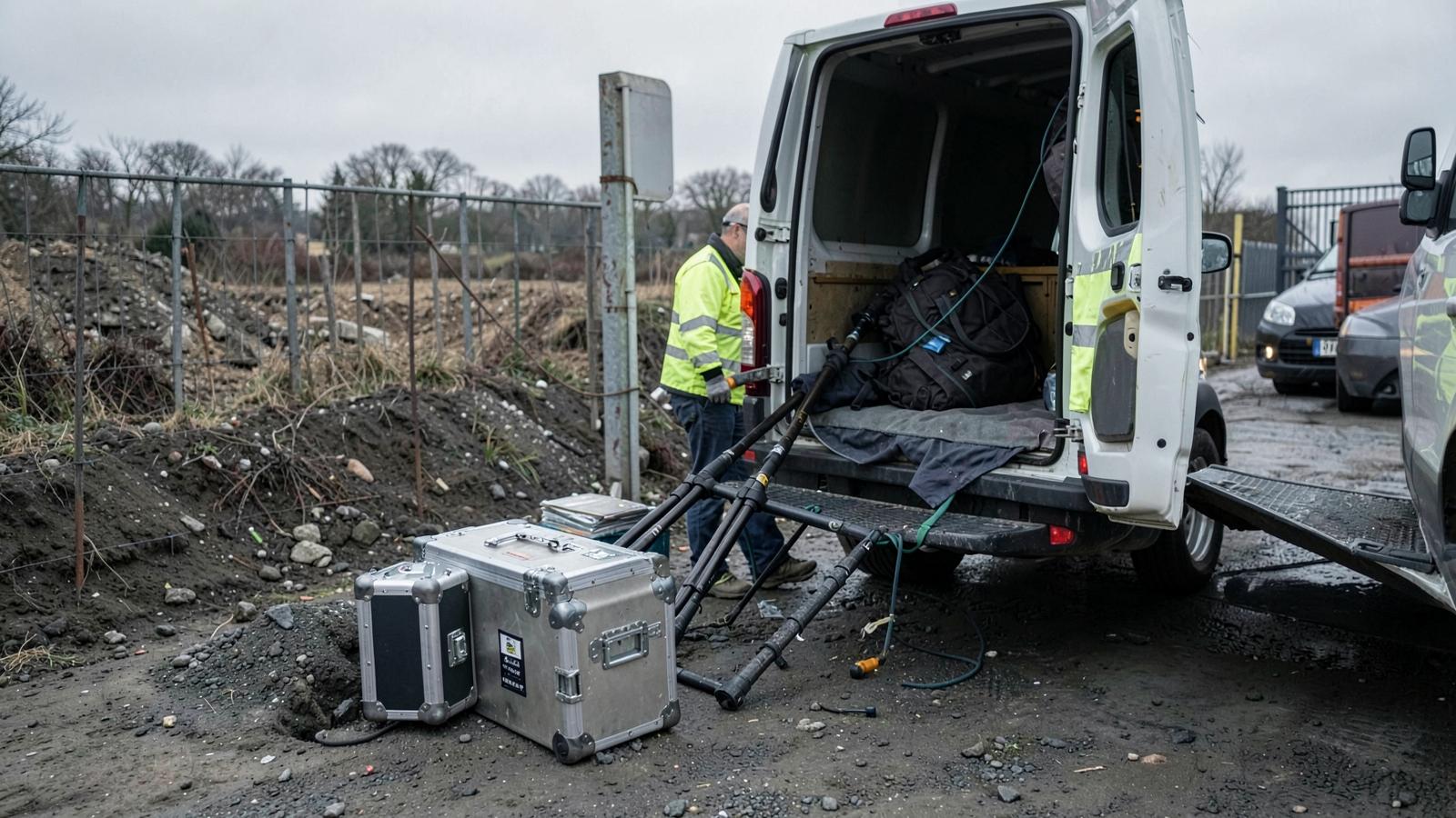 Monitoring equipment cases and a mast being unloaded at a UK construction site entrance