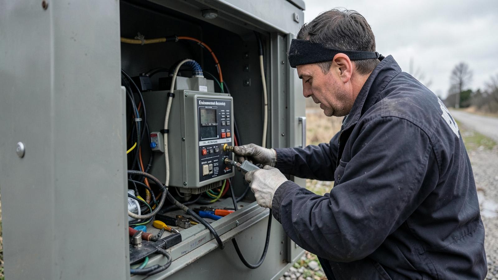 Technician working on an unbranded environmental monitoring instrument inside a field cabinet