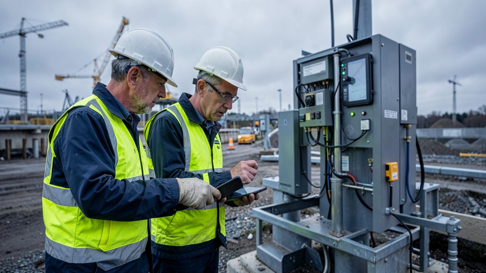 Two engineers reviewing field records beside a monitoring installation at an infrastructure site